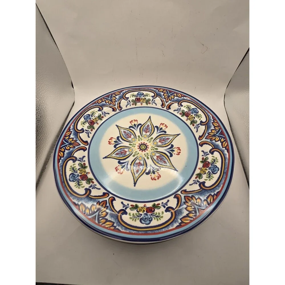 Set of 4 Euro Ceramica Zanzibar 11” Round Dinner Plates Floral Roses Ceramic